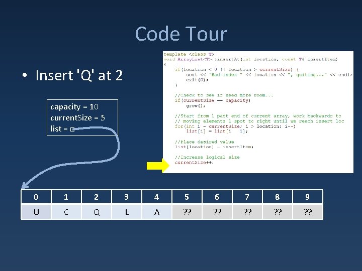 Code Tour • Insert 'Q' at 2 capacity = 10 current. Size = 5