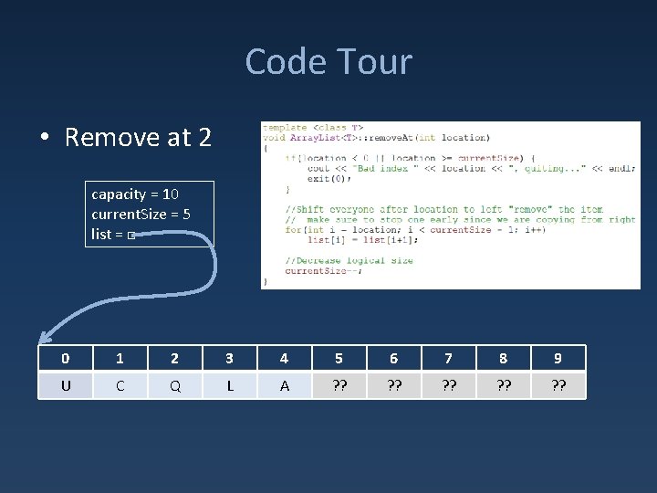 Code Tour • Remove at 2 capacity = 10 current. Size = 5 list