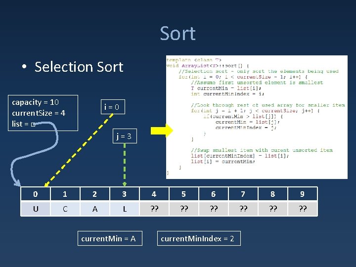 Sort • Selection Sort capacity = 10 current. Size = 4 list = □