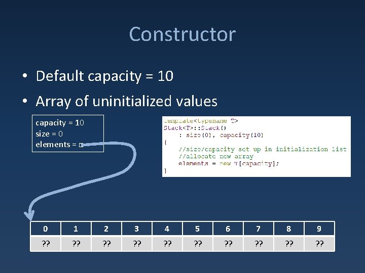 Constructor • Default capacity = 10 • Array of uninitialized values capacity = 10