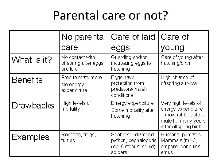 Parental care or not? No parental Care of laid Care of care eggs young