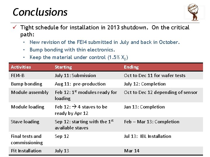 Conclusions ü Tight schedule for installation in 2013 shutdown. On the critical path: •