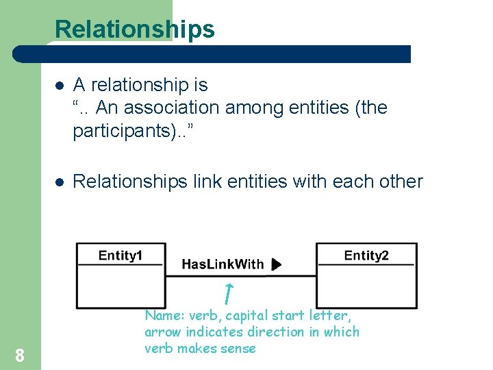 Relationships 8 l A relationship is “. . An association among entities (the participants).