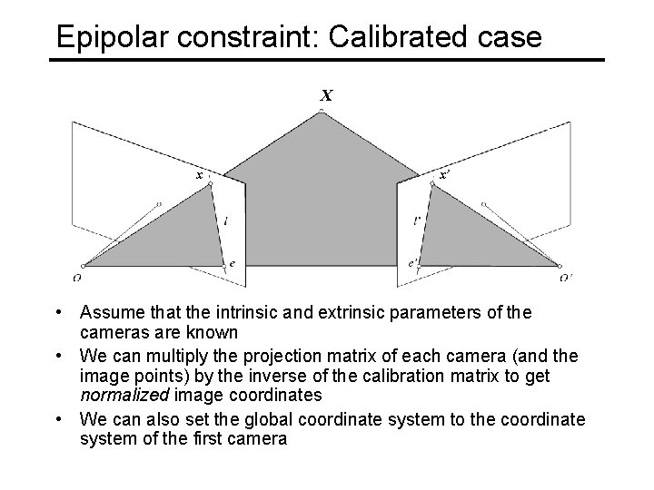 Epipolar constraint: Calibrated case X x x’ • Assume that the intrinsic and extrinsic