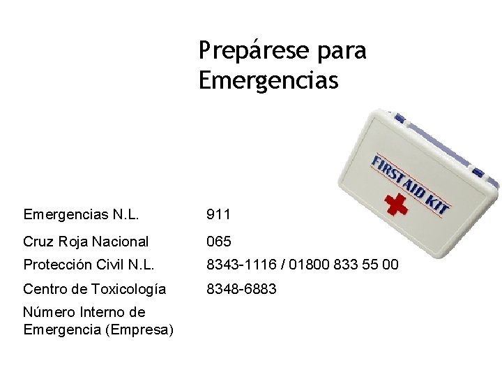 Prepárese para Emergencias N. L. 911 Cruz Roja Nacional 065 Protección Civil N. L.