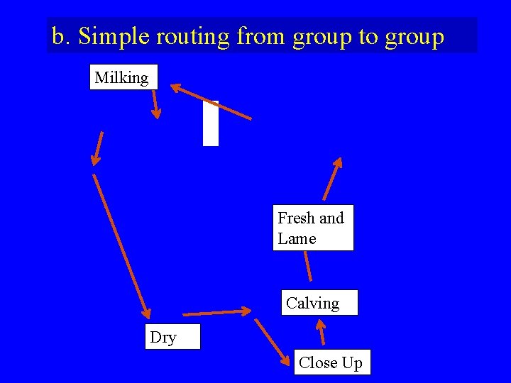 b. Simple routing from group to group Milking Fresh and Lame Calving Dry Close b. Simple routing from group to group Milking Fresh and Lame Calving Dry Close