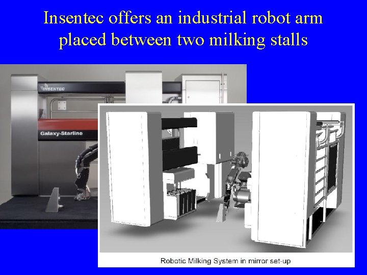 Insentec offers an industrial robot arm placed between two milking stalls  Insentec offers an industrial robot arm placed between two milking stalls