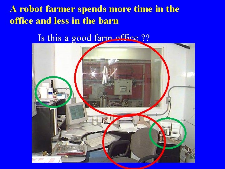 A robot farmer spends more time in the office and less in the barn A robot farmer spends more time in the office and less in the barn