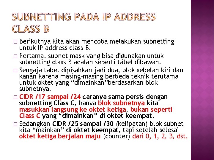 Berikutnya kita akan mencoba melakukan subnetting untuk IP address class B. � Pertama, subnet