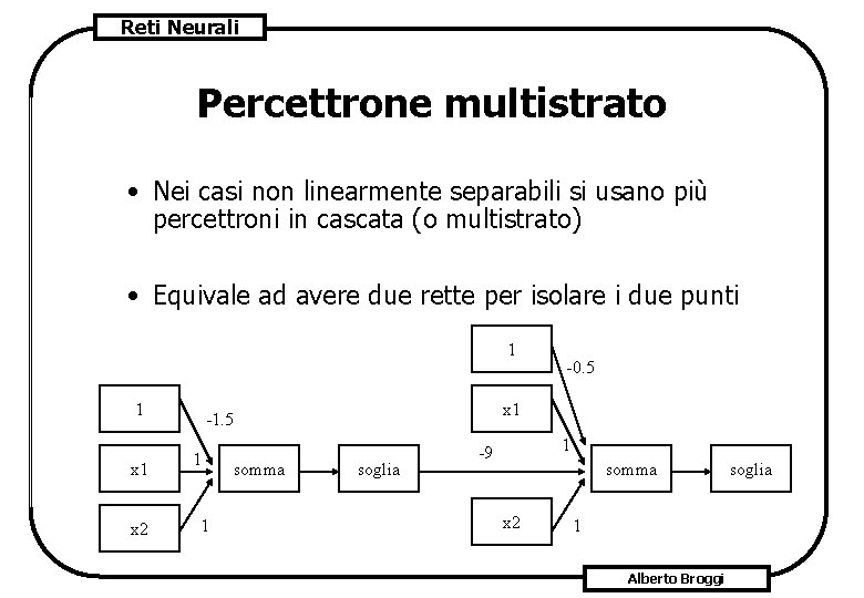 Reti Neurali Percettrone multistrato • Nei casi non linearmente separabili si usano più percettroni