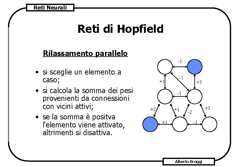 Reti Neurali Reti di Hopfield Rilassamento parallelo -1 • si sceglie un elemento a