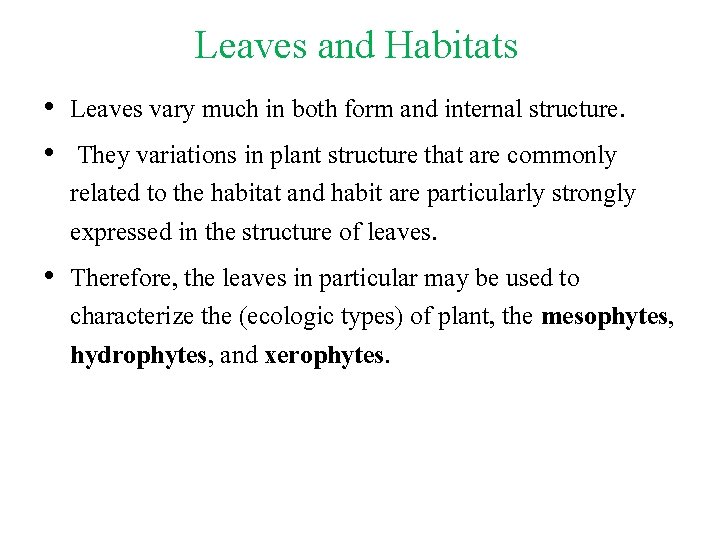 Leaves and Habitats • Leaves vary much in both form and internal structure. •