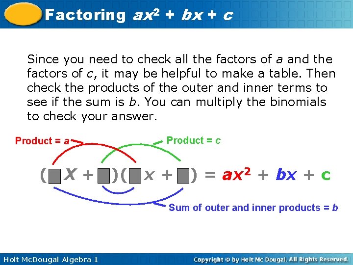 Factoring ax 2 + bx + c Since you need to check all the