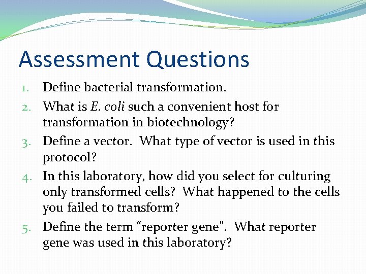 Assessment Questions 1. Define bacterial transformation. 2. What is E. coli such a convenient