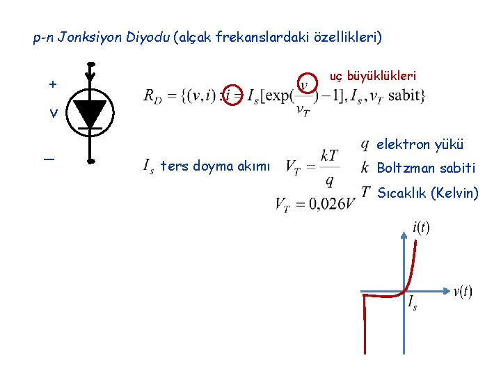 p-n Jonksiyon Diyodu (alçak frekanslardaki özellikleri) uç büyüklükleri + v _ elektron yükü ters