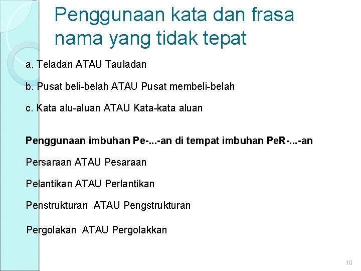 Penggunaan kata dan frasa nama yang tidak tepat a. Teladan ATAU Tauladan b. Pusat