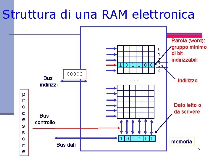Struttura di una RAM elettronica Bus indirizzi p r o c e s s