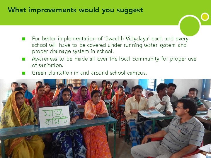 What improvements would you suggest For better implementation of ‘Swachh Vidyalaya’ each and every