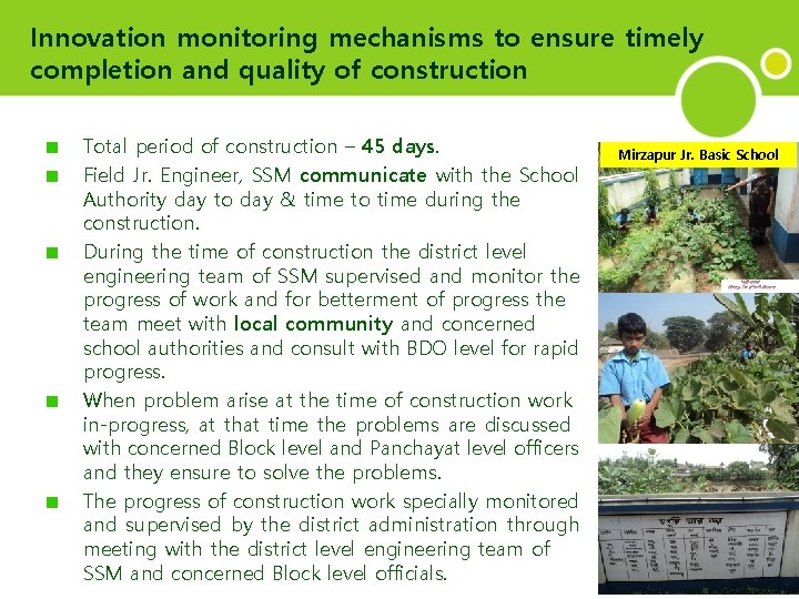 Innovation monitoring mechanisms to ensure timely completion and quality of construction Total period of