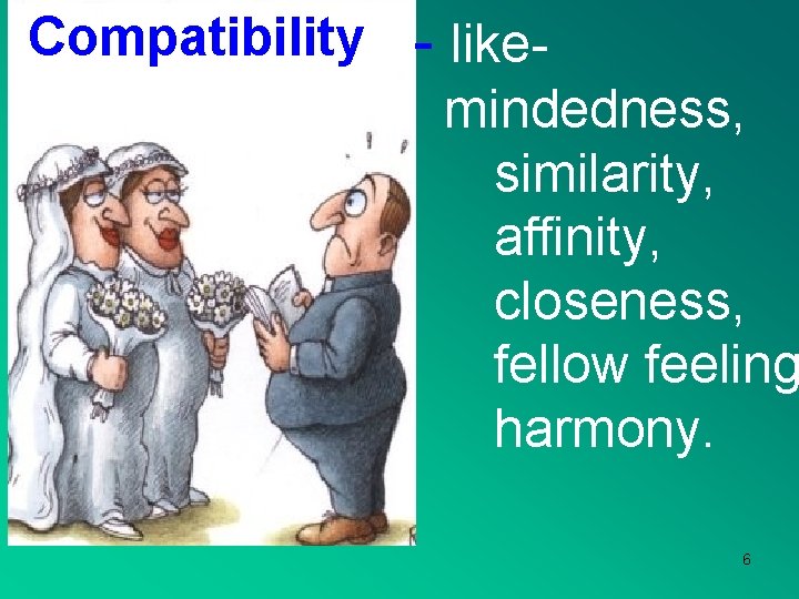 Compatibility - likemindedness, similarity, affinity, closeness, fellow feeling harmony. 6 