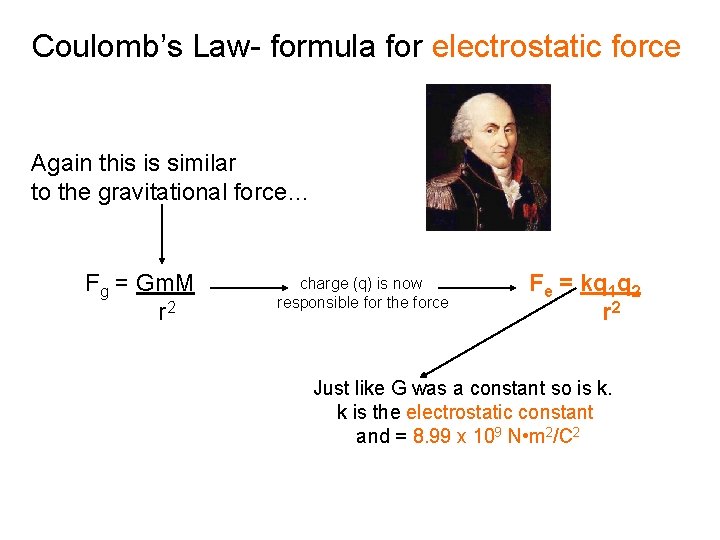 Coulomb’s Law- formula for electrostatic force Again this is similar to the gravitational force…