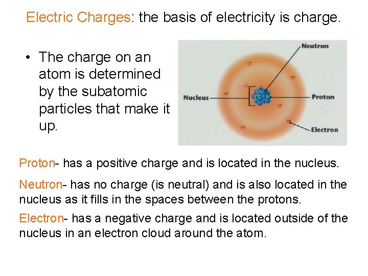 Electric Charges: the basis of electricity is charge. • The charge on an atom