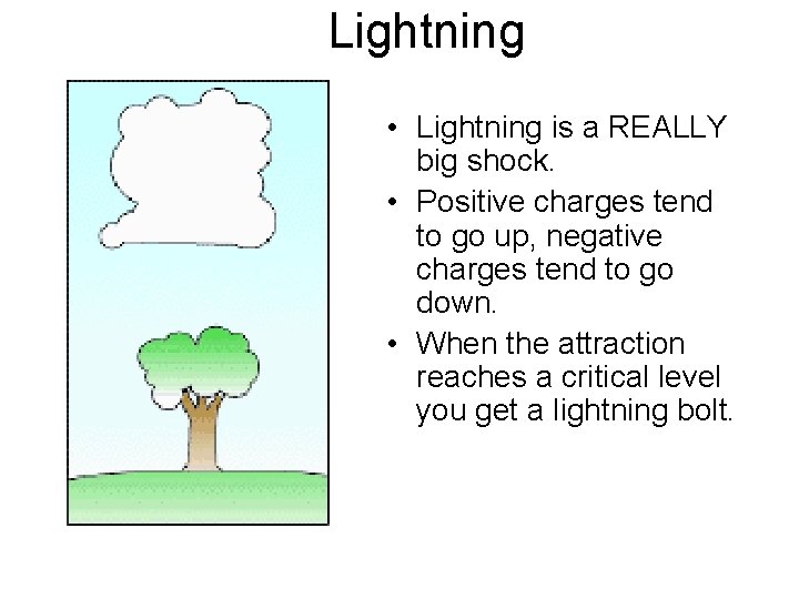 Lightning • Lightning is a REALLY big shock. • Positive charges tend to go
