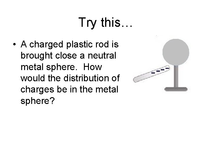 Try this… • A charged plastic rod is brought close a neutral metal sphere.