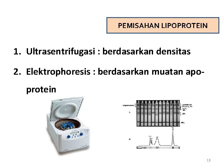 PEMISAHAN LIPOPROTEIN 1. Ultrasentrifugasi : berdasarkan densitas 2. Elektrophoresis : berdasarkan muatan apoprotein 13