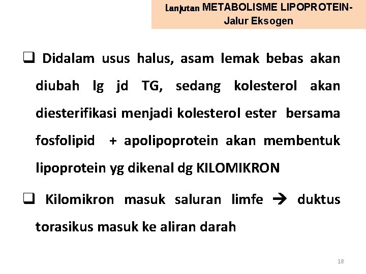 Lanjutan METABOLISME LIPOPROTEINJalur Eksogen q Didalam usus halus, asam lemak bebas akan diubah lg