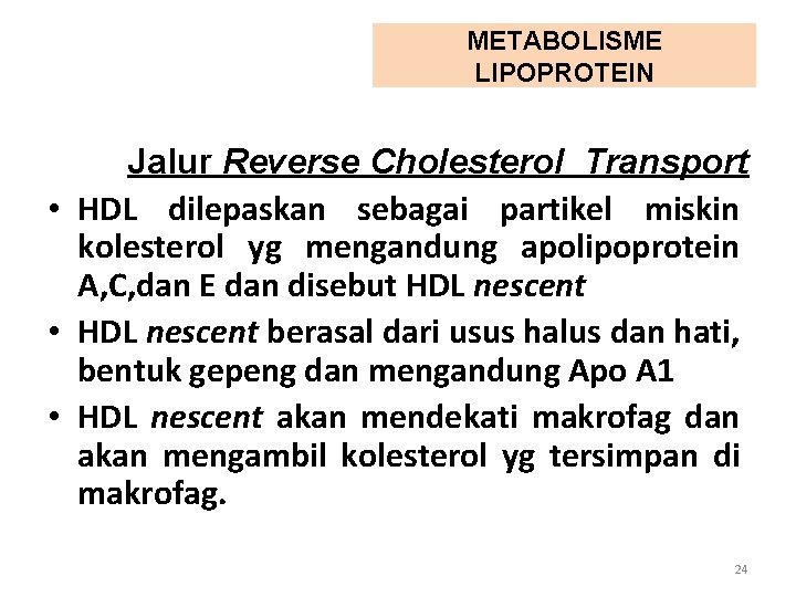 METABOLISME LIPOPROTEIN Jalur Reverse Cholesterol Transport • HDL dilepaskan sebagai partikel miskin kolesterol yg