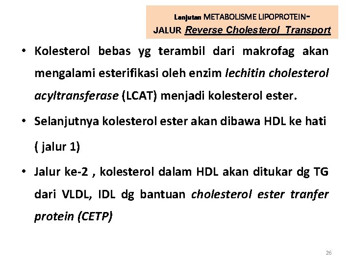 Lanjutan METABOLISME LIPOPROTEIN- JALUR Reverse Cholesterol Transport • Kolesterol bebas yg terambil dari makrofag