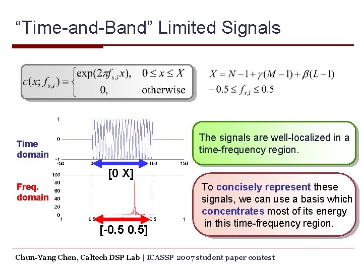 “Time-and-Band” Limited Signals The signals are well-localized in a time-frequency region. Time domain [0