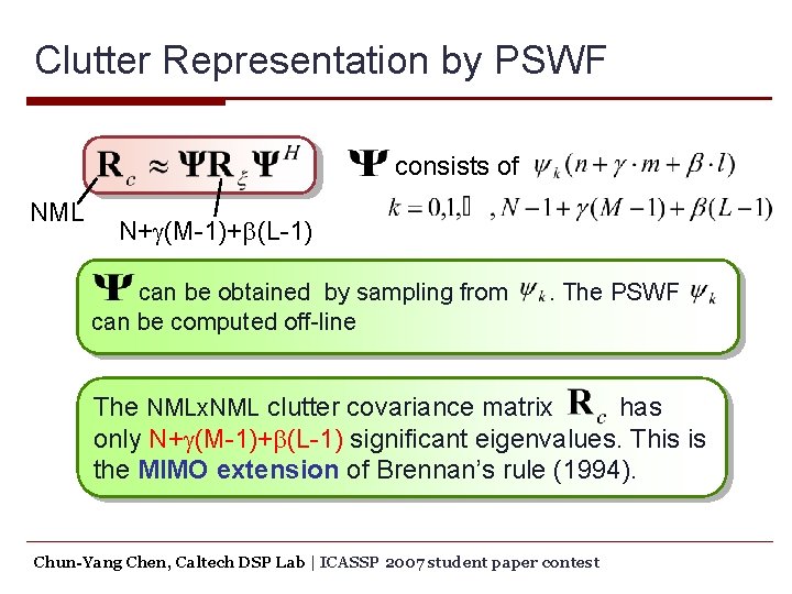 Clutter Representation by PSWF consists of NML N+g(M-1)+b(L-1) can be obtained by sampling from