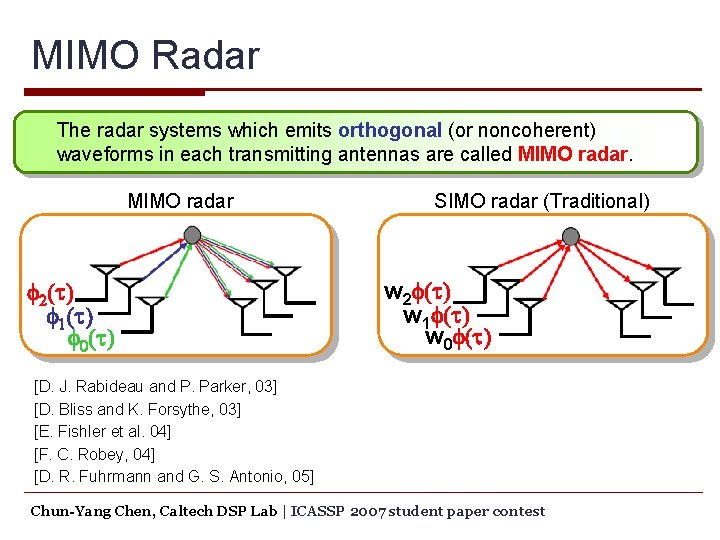 MIMO Radar The radar systems which emits orthogonal (or noncoherent) waveforms in each transmitting