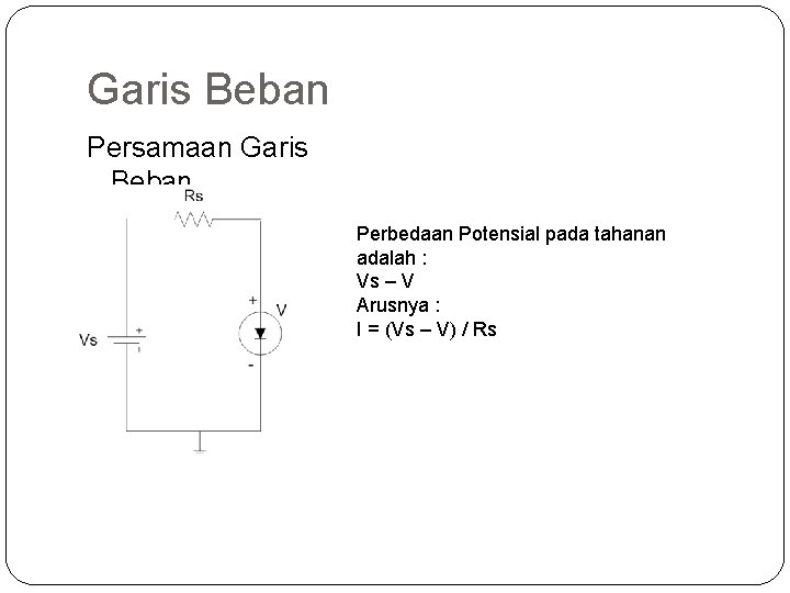 Garis Beban Persamaan Garis Beban Perbedaan Potensial pada tahanan adalah : Vs – V