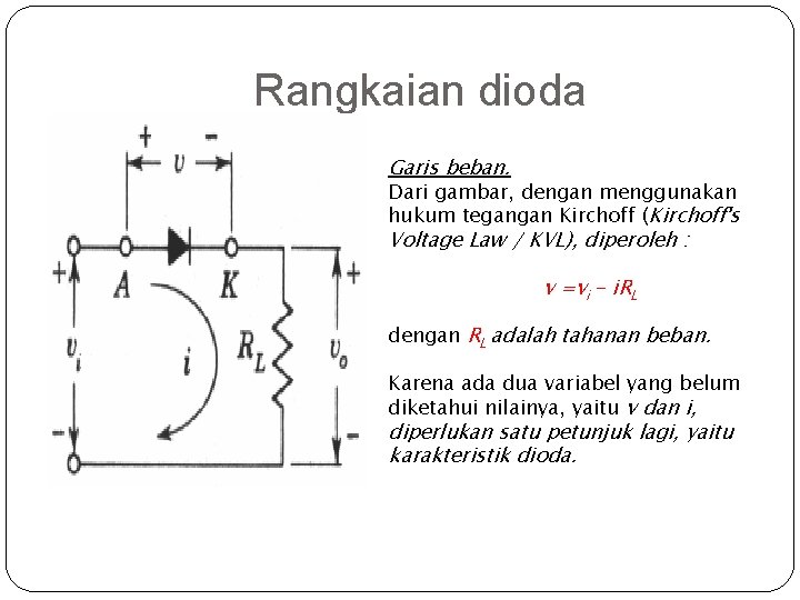 Rangkaian dioda Garis beban. Dari gambar, dengan menggunakan hukum tegangan Kirchoff (Kirchoff's Voltage Law