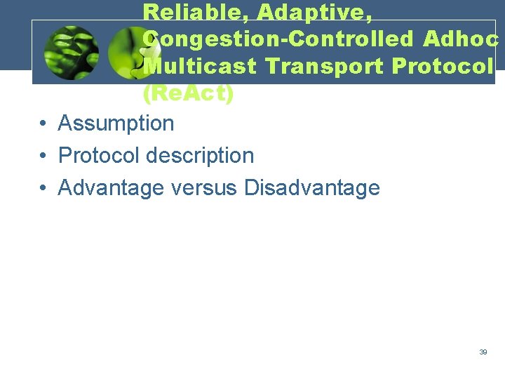 Reliable, Adaptive, Congestion-Controlled Adhoc Multicast Transport Protocol (Re. Act) • Assumption • Protocol description