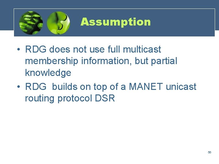 Assumption • RDG does not use full multicast membership information, but partial knowledge •
