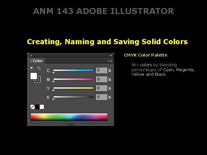 ANM 143 ADOBE ILLUSTRATOR Creating, Naming and Saving Solid Colors CMYK Color Palette Mix