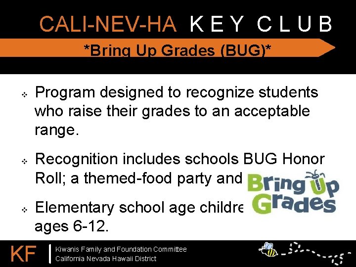 CALI-NEV-HA K E Y C L U B *Bring Up Grades (BUG)* v v