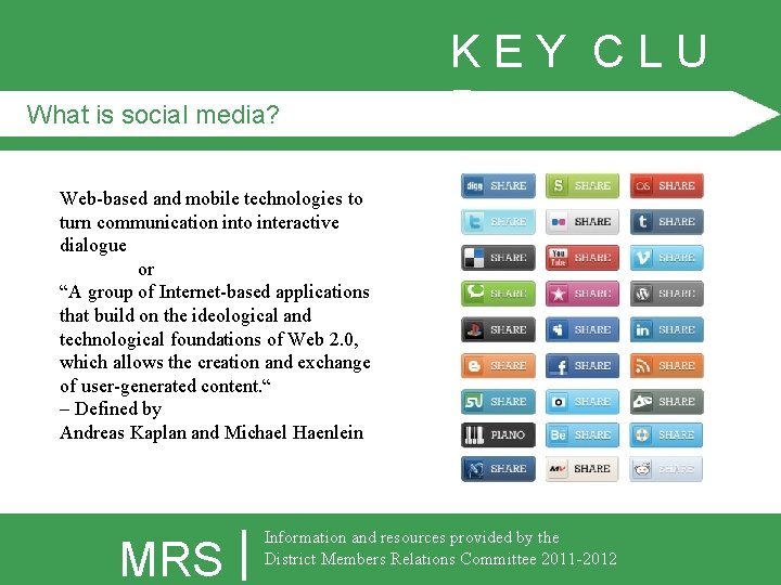 What is social media? KEY CLU B Web-based and mobile technologies to turn communication