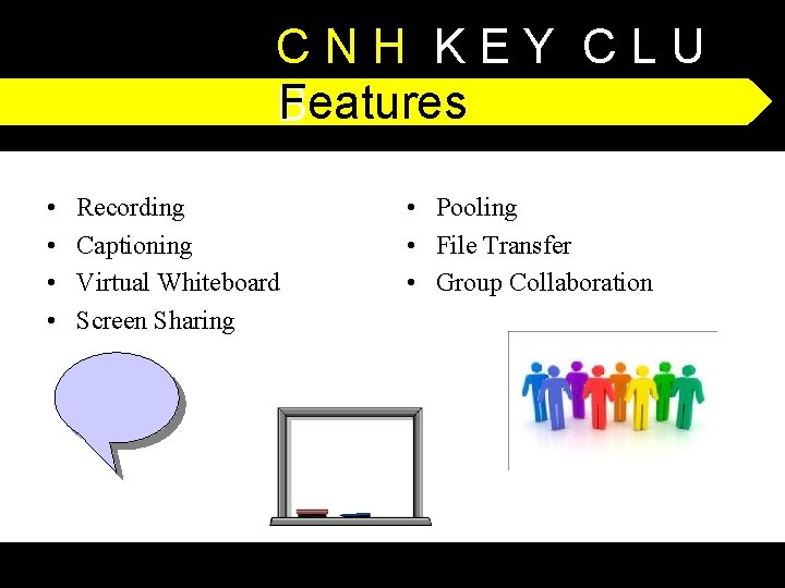 CNH KEY CLU Features B • • Recording Captioning Virtual Whiteboard Screen Sharing •