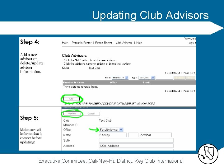 Updating Club Advisors Executive Committee, Cali-Nev-Ha District, Key Club International 