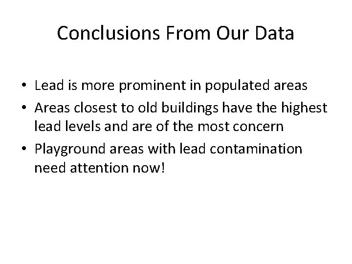 Conclusions From Our Data • Lead is more prominent in populated areas • Areas