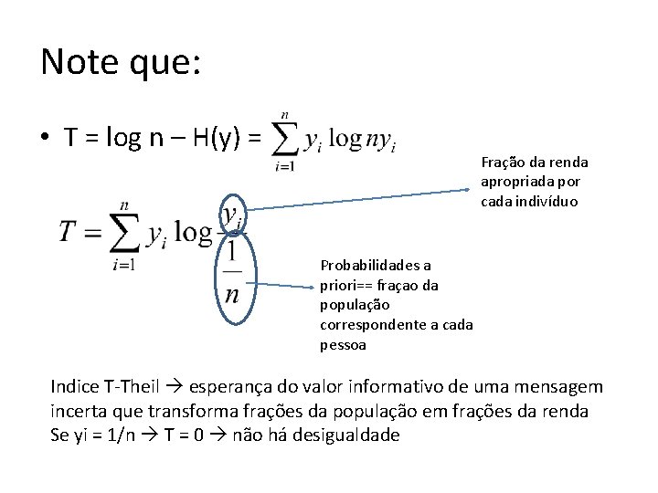 Note que: • T = log n – H(y) = Fração da renda apropriada