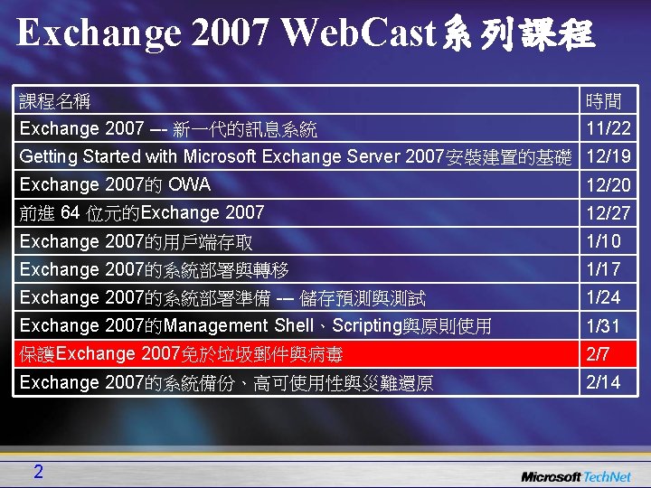 Exchange 2007 Web. Cast系列課程 課程名稱 時間 Exchange 2007 --- 新一代的訊息系統 11/22 Getting Started with