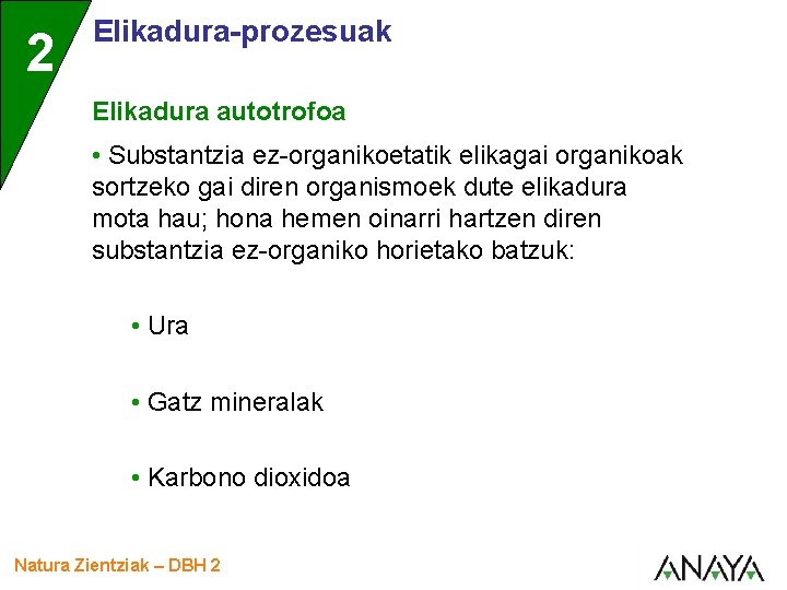 2 Elikadura-prozesuak Elikadura autotrofoa • Substantzia ez-organikoetatik elikagai organikoak sortzeko gai diren organismoek dute