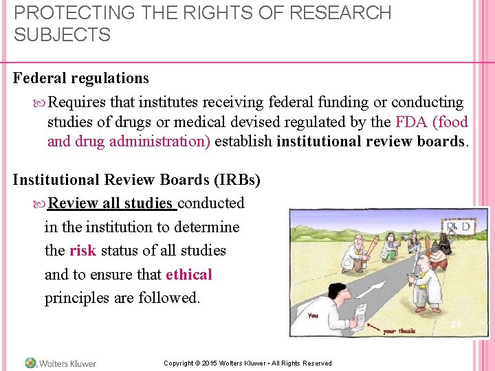 PROTECTING THE RIGHTS OF RESEARCH SUBJECTS Federal regulations Requires that institutes receiving federal funding