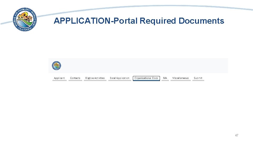 APPLICATION-Portal Required Documents Screen shot of the Application Portal required document page. 47 